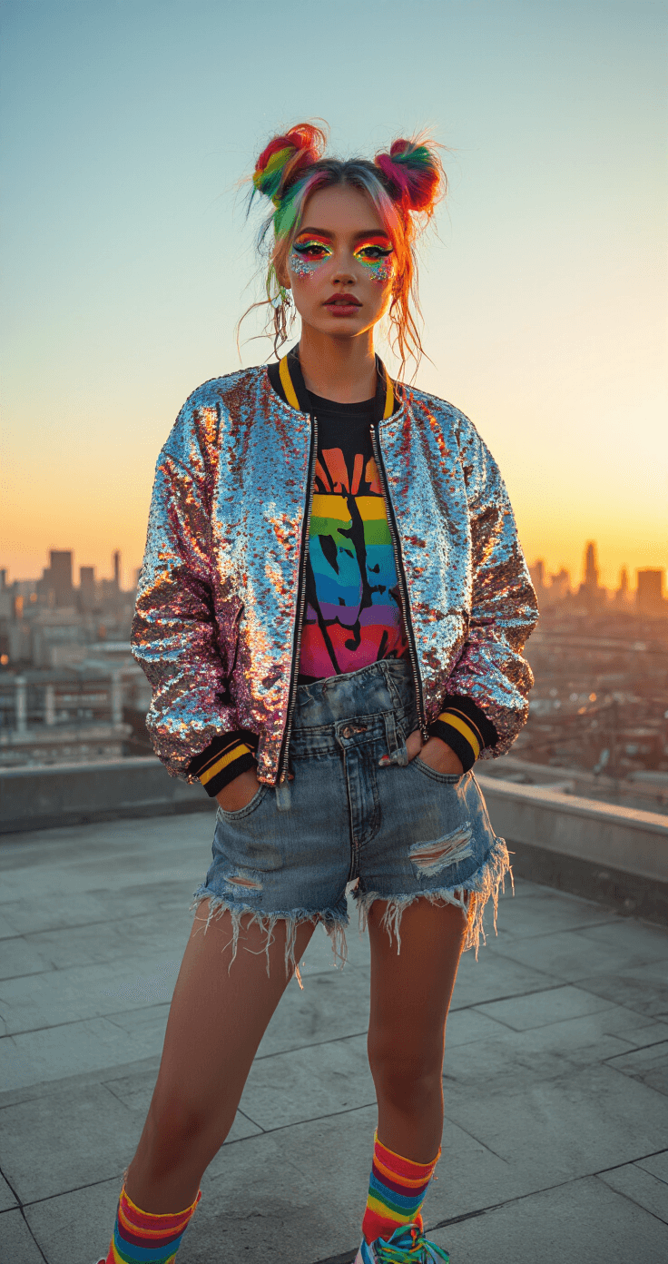 A person with rainbow-colored space buns and dramatic glitter eye makeup poses on a sunlit urban rooftop at sunset, wearing a sequin bomber jacket over distressed denim overalls and a graphic tee, complemented by chunky neon platform sneakers, with a city skyline backdrop.