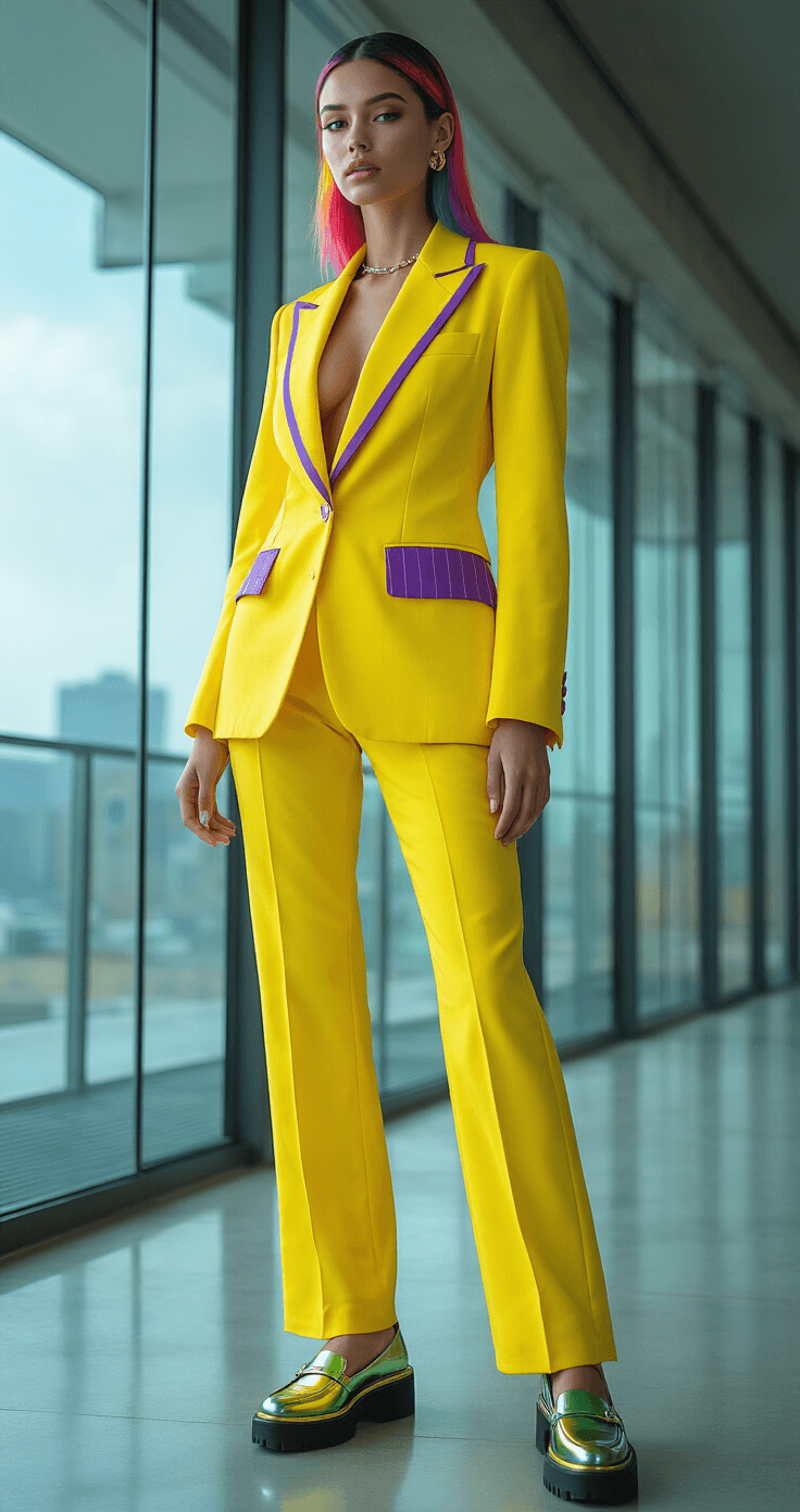 Professional model in a bright yellow power suit with purple pinstripes and neon green accessories, set in a modern office with floor-to-ceiling windows, showcasing sleek rainbow underlights in her hair.