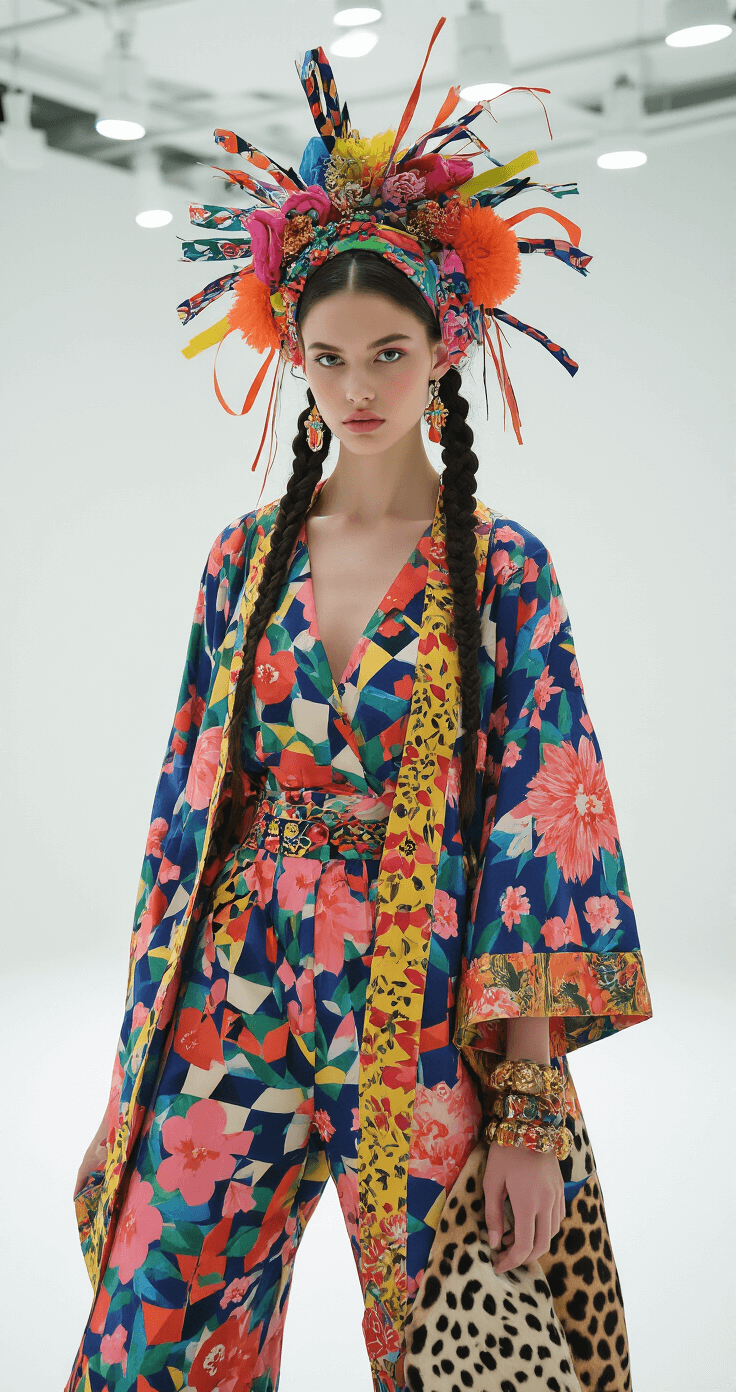 A fashion editorial photograph in a contemporary gallery space with white walls, featuring a model in a floral jumpsuit layered with a geometric print kimono, accessorized with animal print accents. The model wears a vibrant statement headpiece and has elaborate braided hair with ribbon weaving. The scene is dramatically lit with spotlights, capturing intricate details.