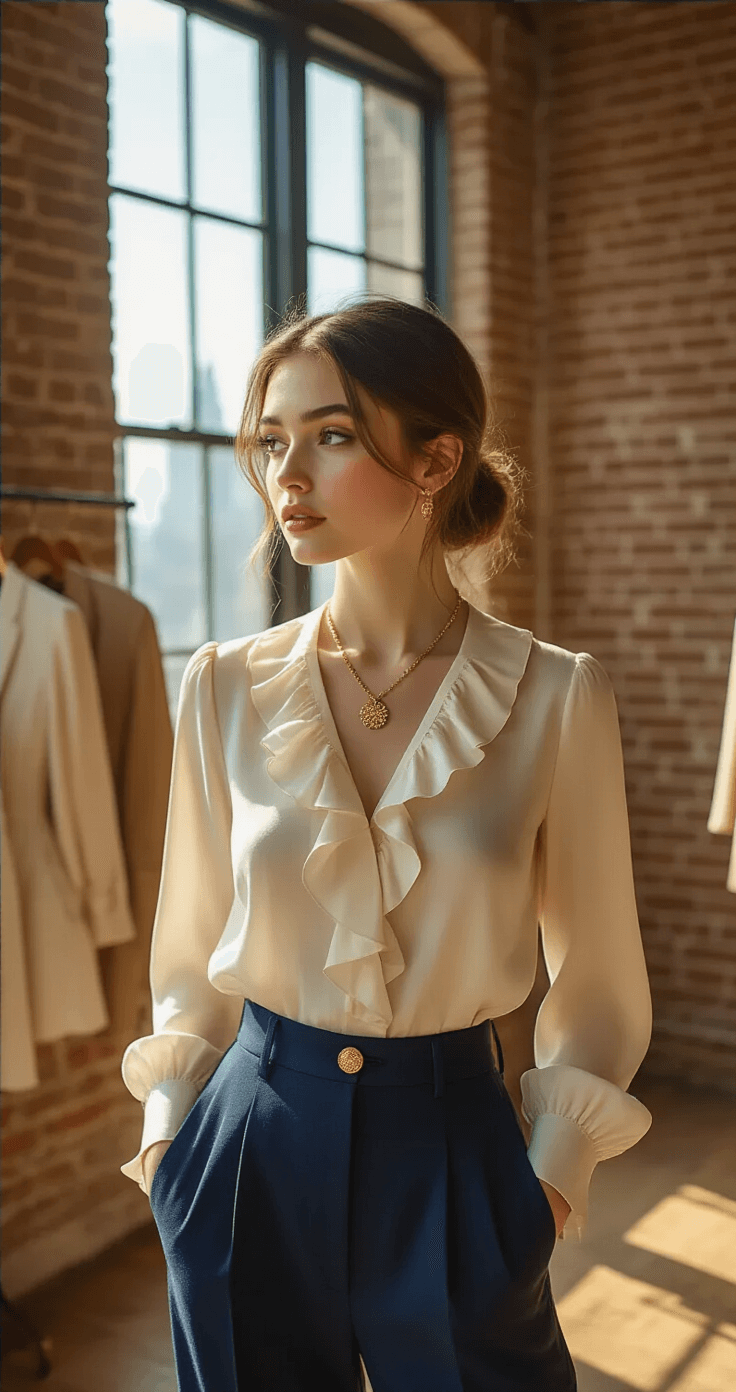 A young woman in a cream silk ruffled blouse and high-waisted navy trousers poses in a sun-drenched Manhattan loft, with exposed brick walls and floor-to-ceiling windows. She arranges the blouse's ruffle detail, showcasing her vintage gold brooch and delicate necklace, while a clothing rack in the background displays curated historical-inspired fashion pieces.
