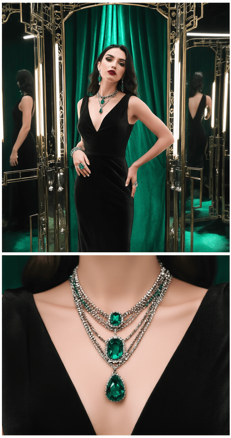 Close-up of a model in a sophisticated black midi dress, adorned with emerald statement jewelry and dark metallic accessories. The dramatic black and emerald green dressing room features Art Deco mirrors, with theatrical lighting casting shadows and highlighting crystal embellishments. The shot captures layered necklaces and rings against the luxe fabric, emphasizing a powerful silhouette.