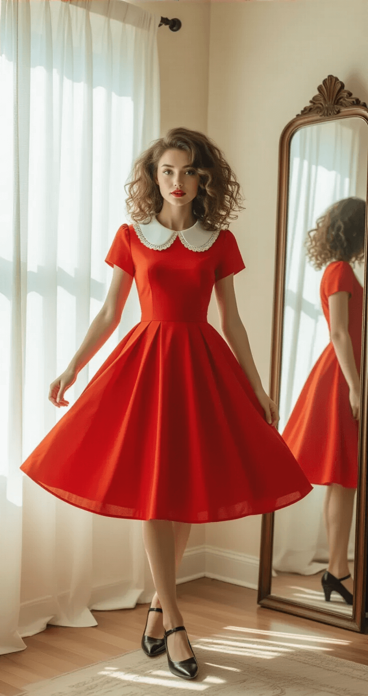A young woman in a red fit-and-flare dress with a white peter pan collar twirls in a bright vintage-style bedroom, with white curtains billowing in the morning light. Her natural curls frame her face as she moves near a full-length mirror, creating a cheerful and sophisticated atmosphere.