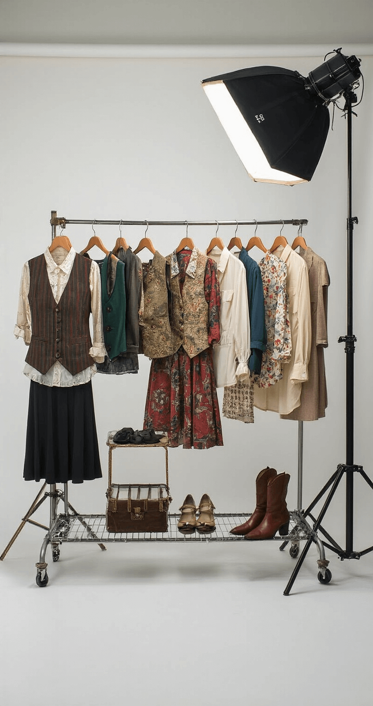 A bird’s-eye view of a professional photography studio featuring a white cyclorama backdrop, showcasing a neatly organized wardrobe rack with a variety of vintage vests, stylish blouses, and character shoes, all highlighted by professional lighting. Close-ups capture the textures and accessory details of the mix-and-match theatrical pieces.