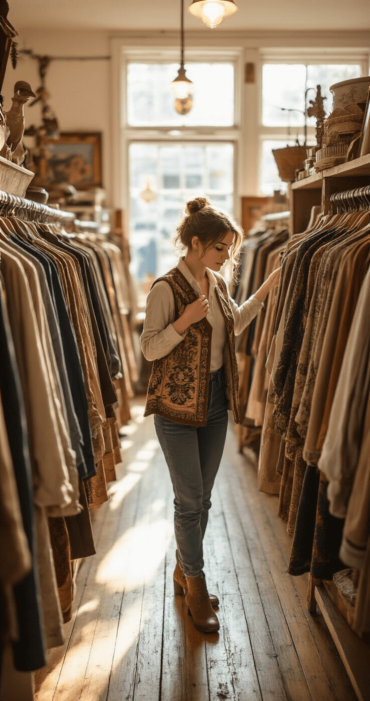 A young woman browses through racks of vintage clothing in a cozy thrift store, holding up a brocade vest to inspect. The warm afternoon light enhances the textures of various fabrics on display against a backdrop of wooden floors and vintage decor.