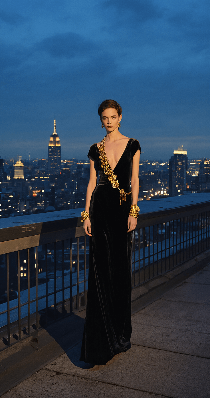 A model in a black velvet evening dress adorned with gold accessories poses on a rooftop at night, with city lights twinkling in the background. The scene is lit dramatically, casting striking shadows and enhancing the vintage-contemporary look. The photo is taken from street level, highlighting the model's elevated position against the urban skyline.