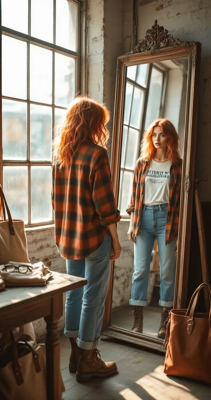 A young woman with copper hair styles herself in an antique mirror inside a sunlit vintage boutique, wearing a rust-toned oversized flannel over a white band tee, high-waisted denim jeans, and scuffed combat boots, with canvas totes and leather satchels scattered around.
