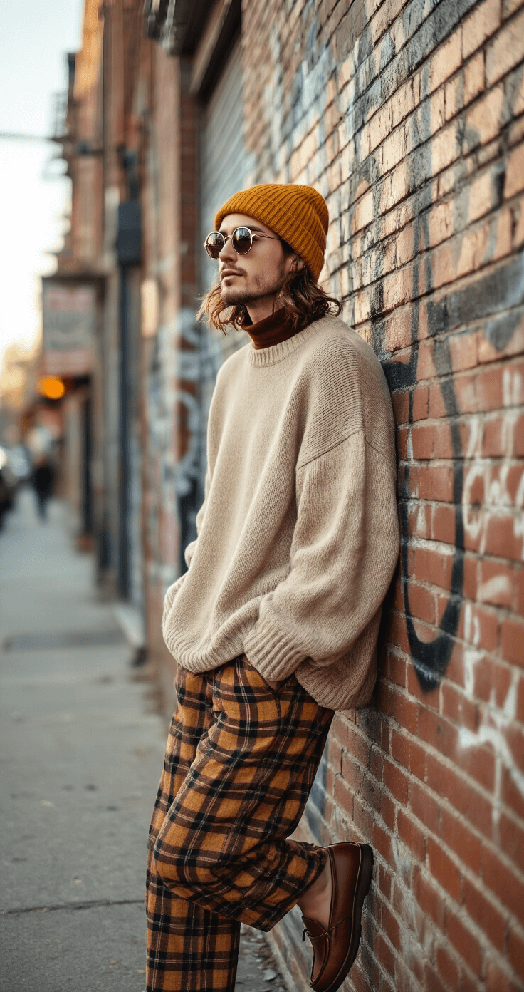 A model in an oversized oatmeal sweater and burgundy turtleneck leans against a graffiti-covered brick wall in a bohemian neighborhood during golden hour, wearing wide-leg plaid pants and vintage leather loafers, complemented by a slouchy mustard beanie and round wire-frame sunglasses, captured in a low-angle shot to highlight the urban setting.