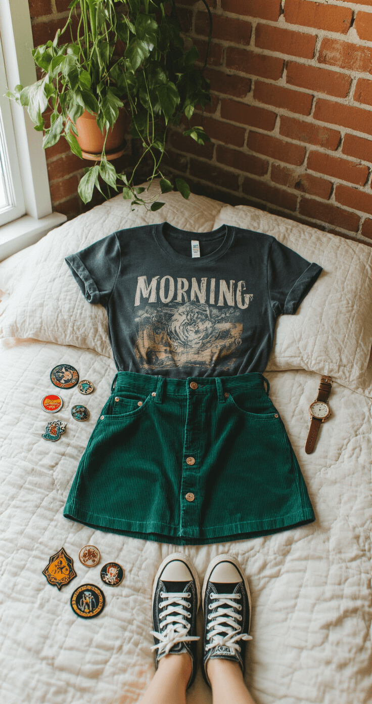 Cozy bedroom corner with exposed brick featuring morning light on a flat lay of a distressed black band tee, high-waisted emerald corduroy skirt, and Chuck Taylors, alongside a vintage chronograph watch, enamel pins, and patches.