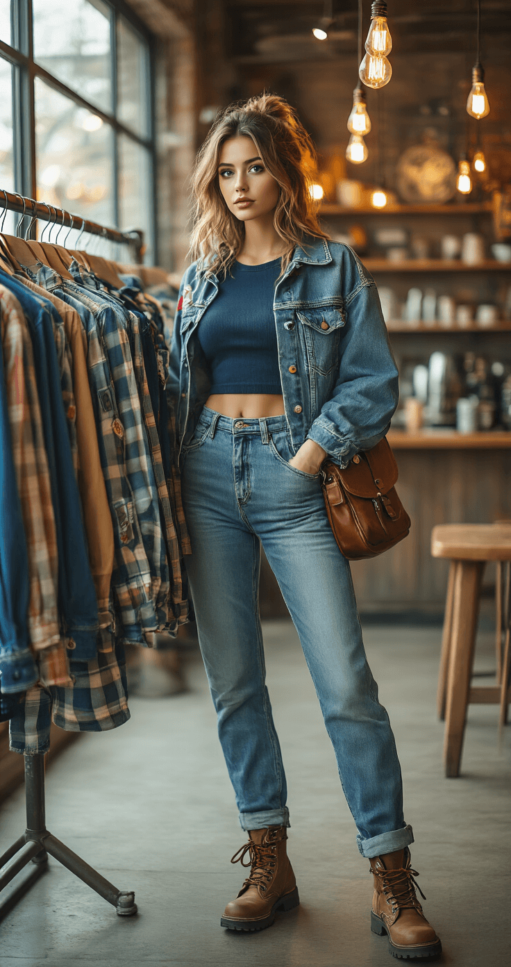 A model browses a rack of vintage flannels in an industrial-chic coffee shop at dawn, wearing high-waisted mom jeans and a cropped navy thermal top, complemented by an oversized denim jacket adorned with patches, combat boots with mismatched laces, and a leather crossbody bag, with soft bokeh from Edison bulbs in the background.