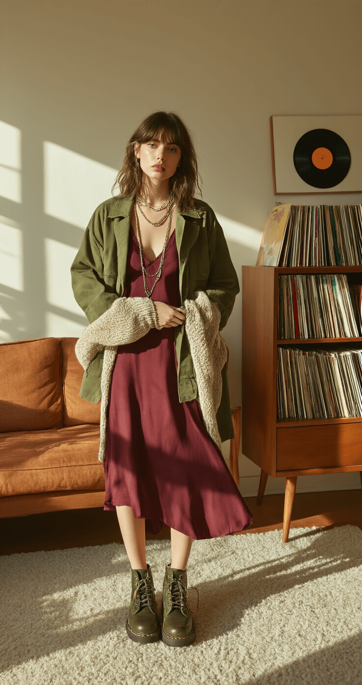 An eclectic living room featuring mid-century modern furniture and a vinyl record collection, illuminated by late afternoon light. A model wears a moss green military jacket over a deep burgundy vintage slip dress, with a chunky knit cardigan tied at the waist and scuffed Doc Martens, accessorized with delicate chain necklaces. The image is captured through a crystal prism, creating subtle light leaks.