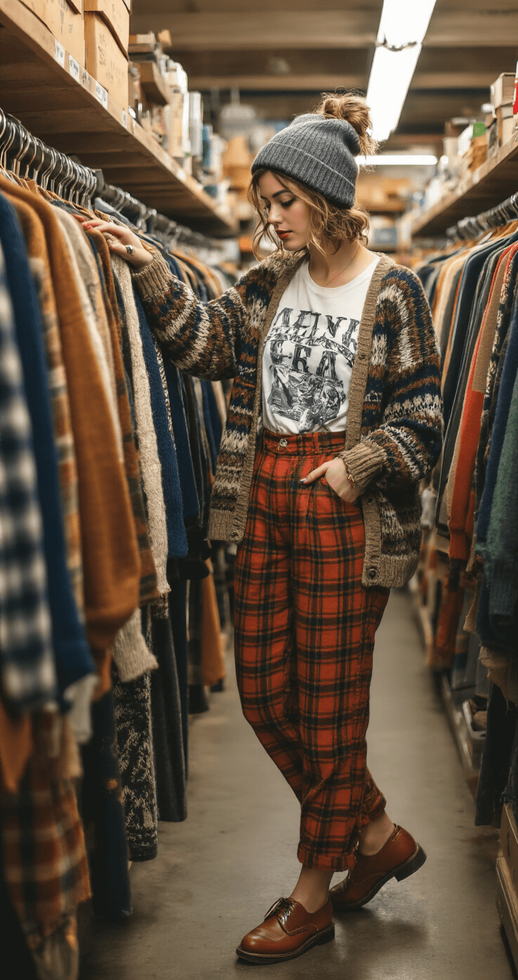 A model in high-waisted plaid trousers and a tucked white graphic tee examines vintage sweaters in a sunlit thrift store aisle, wearing classic brown leather oxfords and a grey beanie, with multiple rings on her fingers.