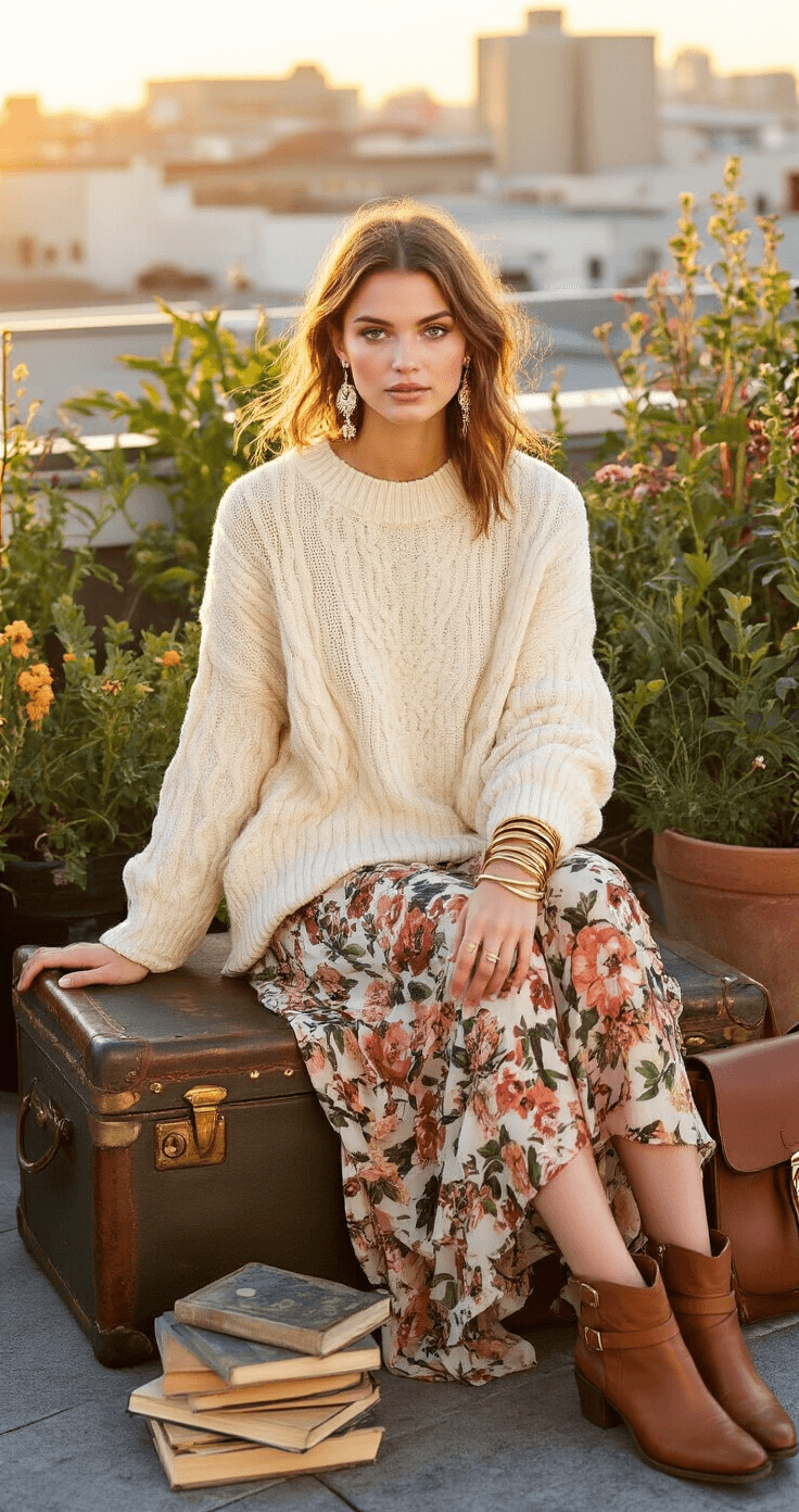 A model sits on a vintage trunk in an artsy rooftop garden at sunset, wearing an oversized cream cable-knit sweater over a floral maxi dress. She sports worn leather ankle boots, multiple delicate earrings, and a stack of brass bangles. Nearby, a collection of thrifted books and a leather satchel add to the scene, illuminated by the warm, golden hour light.
