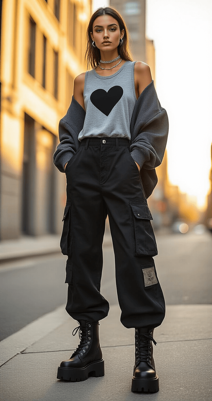 A tall model in oversized black cargo pants and a layered outfit stands at an urban street corner during golden hour, with soft lighting accentuating the textures of her clothing and the industrial architecture in the background.
