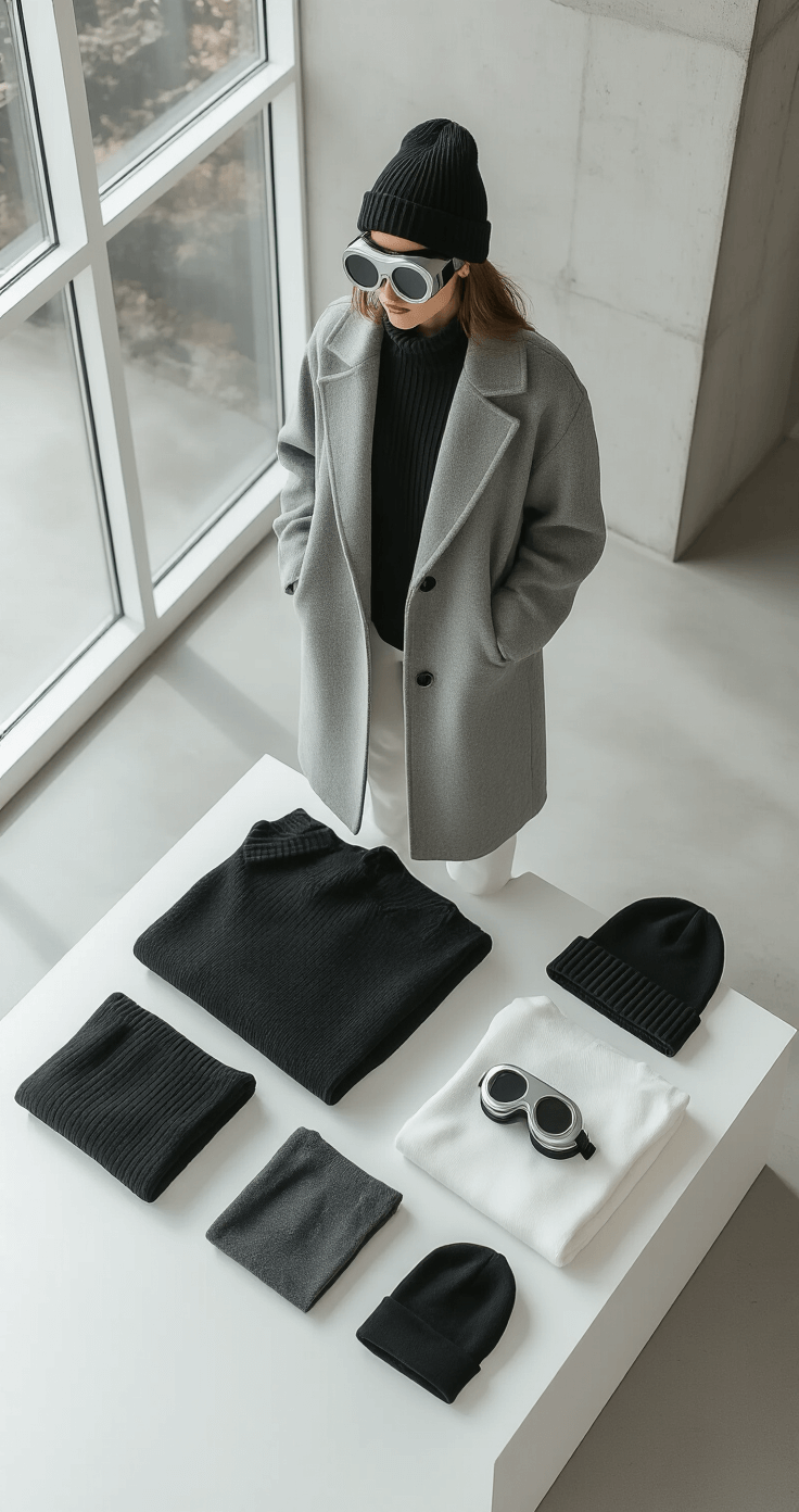 Overhead view of a minimalist concrete studio with floor-to-ceiling windows, featuring a neatly arranged capsule wardrobe on a sleek white platform, including an oversized gray wool coat, structured black sweaters, white fabric pants, and metallic accessories, alongside silver-rimmed goggles and a black beanie, highlighted by diffused midday light and soft shadows.