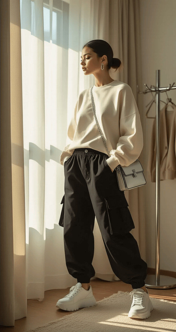 A contemporary bedroom corner illuminated by soft morning light, featuring a model in motion wearing baggy black cargo pants and an oversized cream sweatshirt. Chunky white sneakers and a silver crossbody bag with geometric details are visible against a minimalist coat rack. The model has natural makeup and a sleek low bun, captured at eye level with a shallow depth of field.