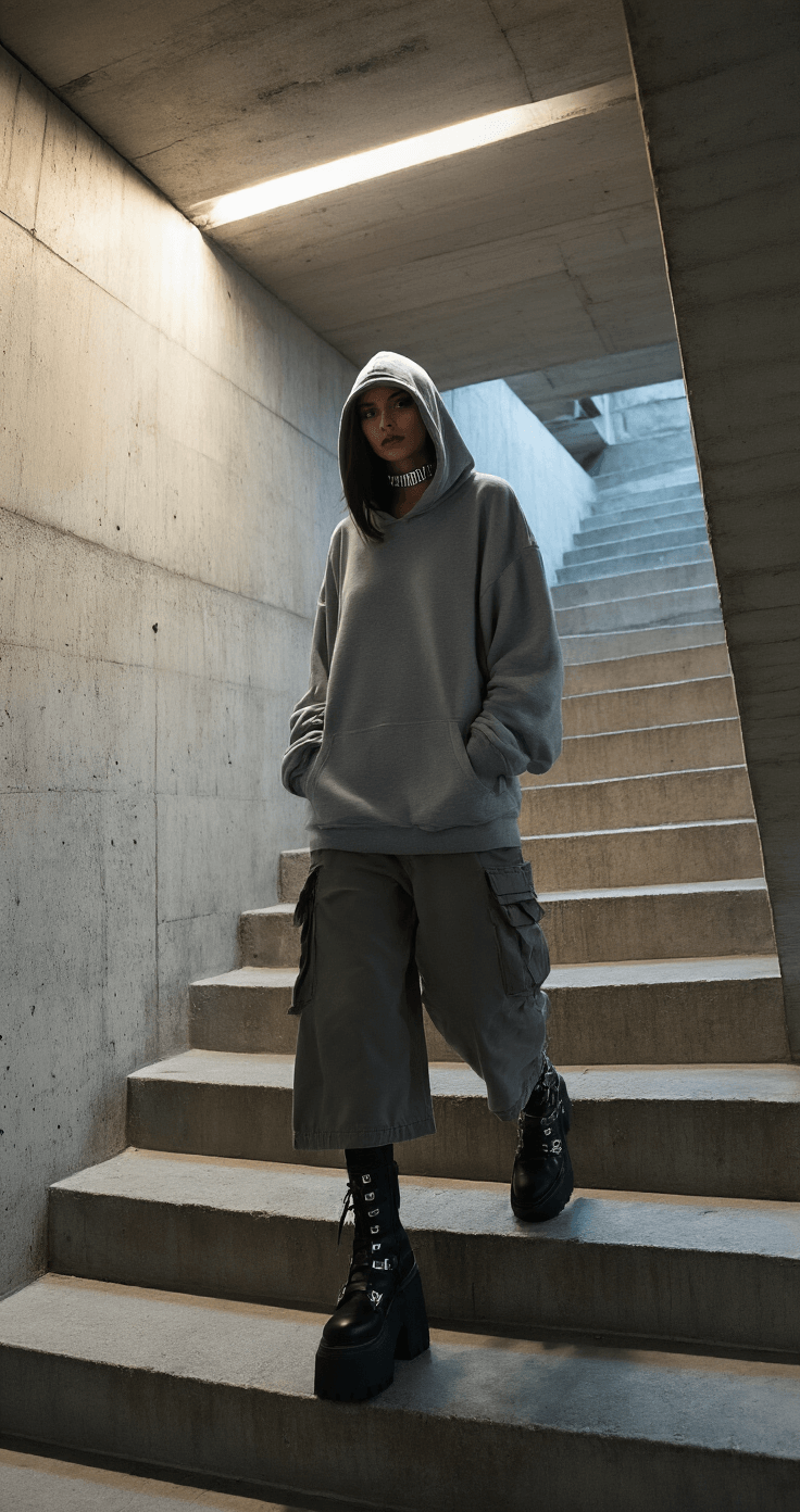 A person descending a brutalist concrete stairwell in the evening, dressed in layers of gray, including an oversized hoodie, a long technical tank, and wide-leg pants with utility pockets. They wear black platform boots with silver hardware, and a metallic choker that reflects the light. The shot is taken from above, emphasizing strong architectural lines and moody contrasts.