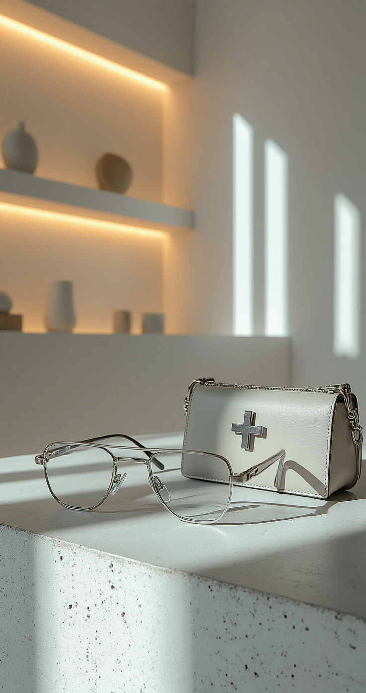 Close-up detail of Acubi accessories on a concrete surface, featuring silver-toned tech glasses, a minimal metal choker, and a structured crossbody bag with industrial hardware, illuminated by soft ambient lighting.