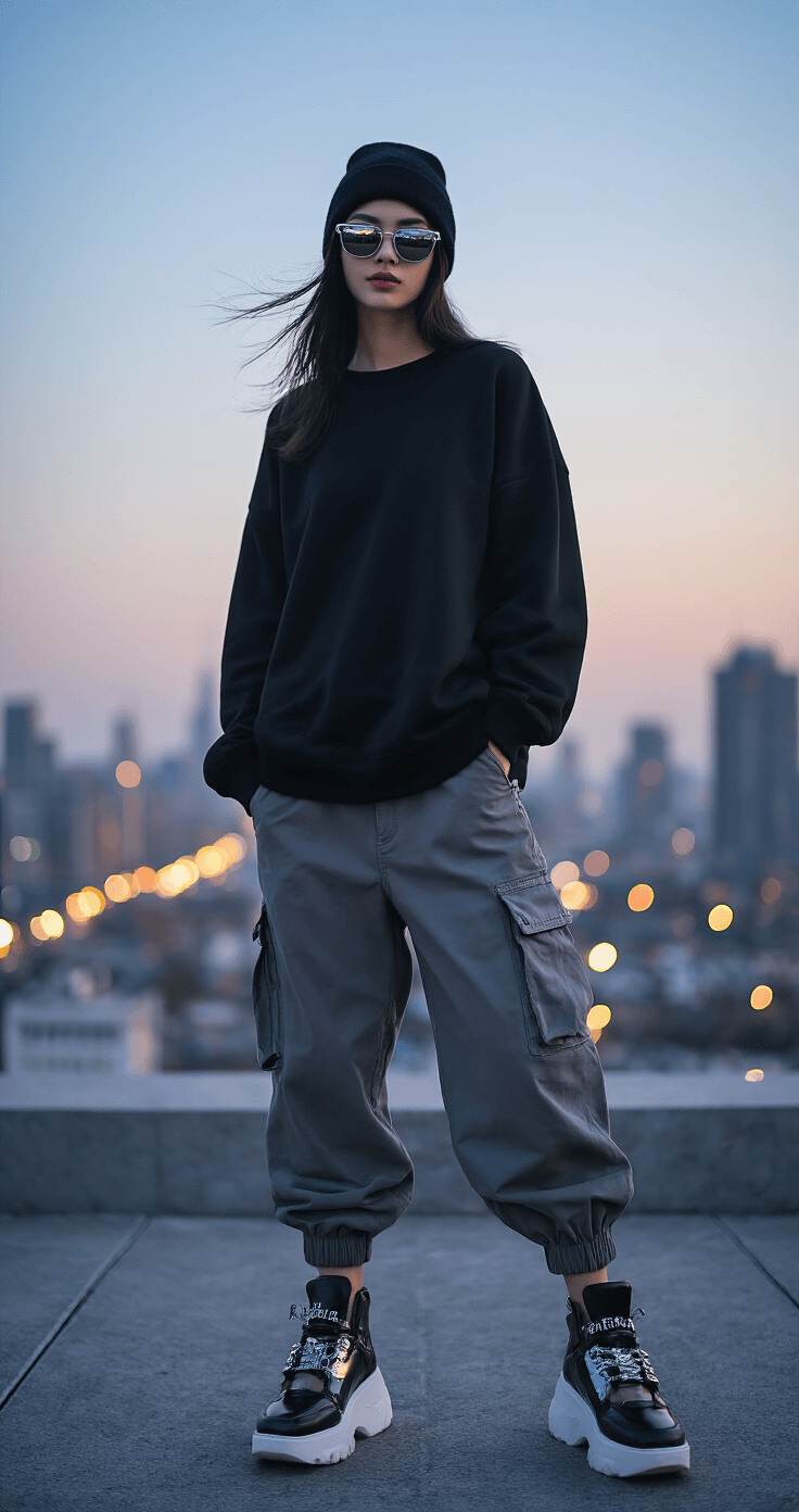 A model wearing an oversized black sweatshirt with asymmetrical details and baggy gray cargo pants stands on an urban rooftop at twilight, with the city lights twinkling in the background. They sport platform sneakers with metallic accents, a simple beanie, and tech-inspired sunglasses. The fabric of the outfit is gently moved by the wind, and the image is shot from street level with a bokeh effect on the cityscape.