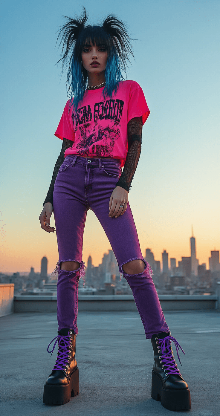 An avant-garde urban rooftop photoshoot at golden hour, showcasing a model in a layered scene kid outfit: neon pink graphic tee over black mesh long sleeve, with purple ripped skinny jeans. The model's hair features dramatic teased layers and electric blue streaks, styled with sweeping side bangs. She wears platform boots with neon laces, shot from a low angle against a city skyline backdrop, enhancing depth and drama.