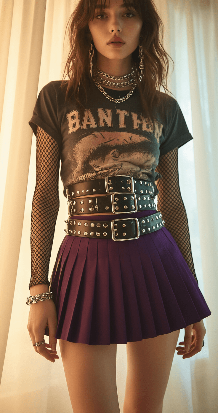 A close-up of an intimate dressing room scene featuring intricate layers of fishnet sleeves, a vintage band tee, intersecting studded belts, and a deep purple pleated mini skirt, with chunky silver jewelry reflecting soft ambient light on a vanity mirror.