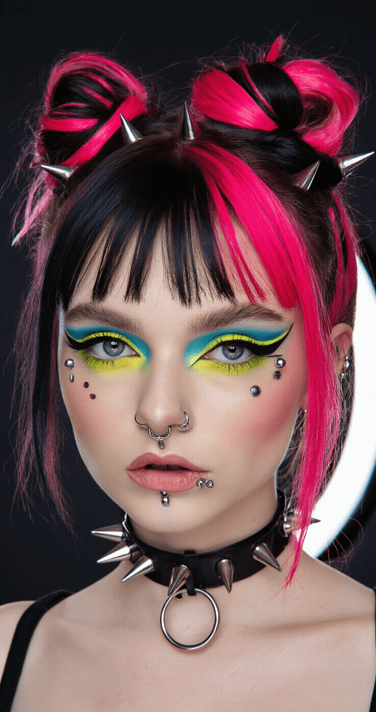 A dramatic beauty shot featuring model with precise winged eyeliner and gradient neon eyeshadow from yellow to electric blue. She has multiple facial piercings and wears a spiked choker. Her hair is styled in a teased crown with side-swept bangs, dyed in alternating hot pink and black. The image is shot straight-on against a dark backdrop, illuminated by a ring light.