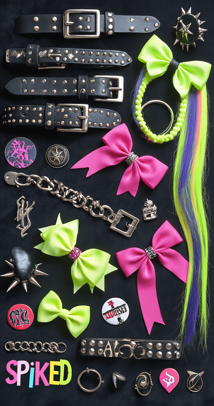 A flat lay of scene kid accessories on a black velvet surface, featuring studded belts, neon hair extensions, spiked bracelets, oversized bows, and band pins arranged artistically, with dramatic shadows from professional studio lighting.
