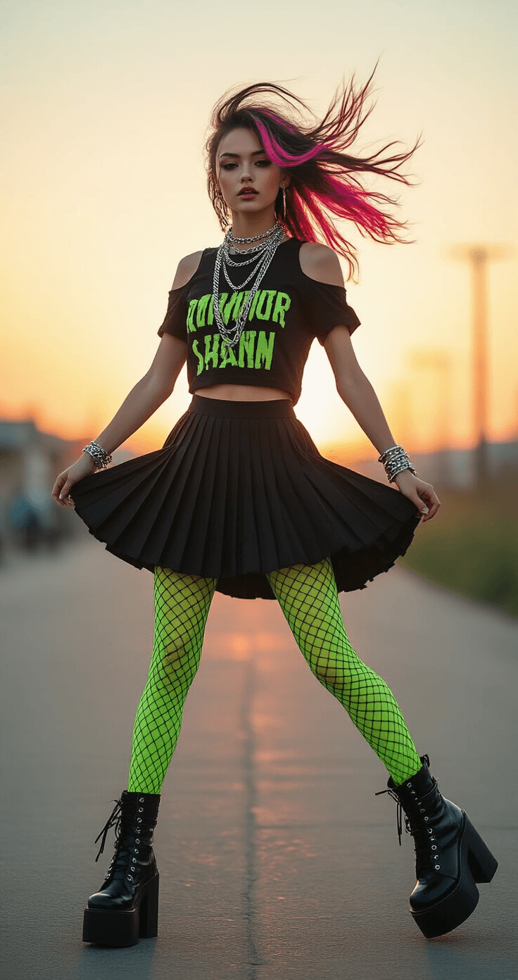 A model twirls in a dynamic outdoor sunset scene, wearing a layered outfit featuring a black pleated skirt, lime green fishnet tights, and a band tee with cut-out shoulders. She accessorizes with multiple chain necklaces and platform boots. Her hair is captured in motion with teased layers and pink streaks, enhanced by a motion blur effect that emphasizes her movement.