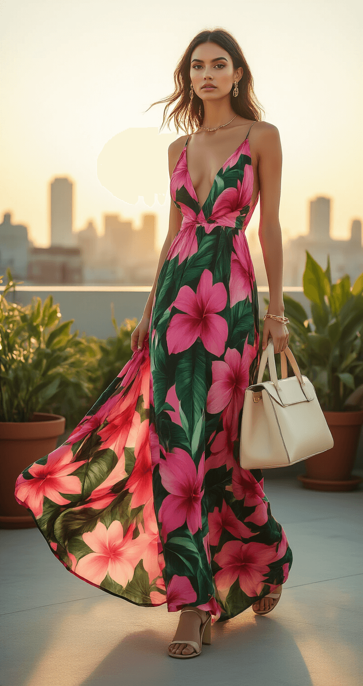 Rock Your Floral Style: A Fresh Take on Dress to Impress Fashion A fashion model in a vibrant fuchsia and emerald green maxi dress with oversized tropical florals stands on a sun-drenched urban rooftop garden during golden hour, showcasing her minimal gold jewelry and a structured cream leather handbag against a city skyline backdrop. The dress flows in the breeze, captured with a shallow depth of field that highlights its movement and intricate patterns.