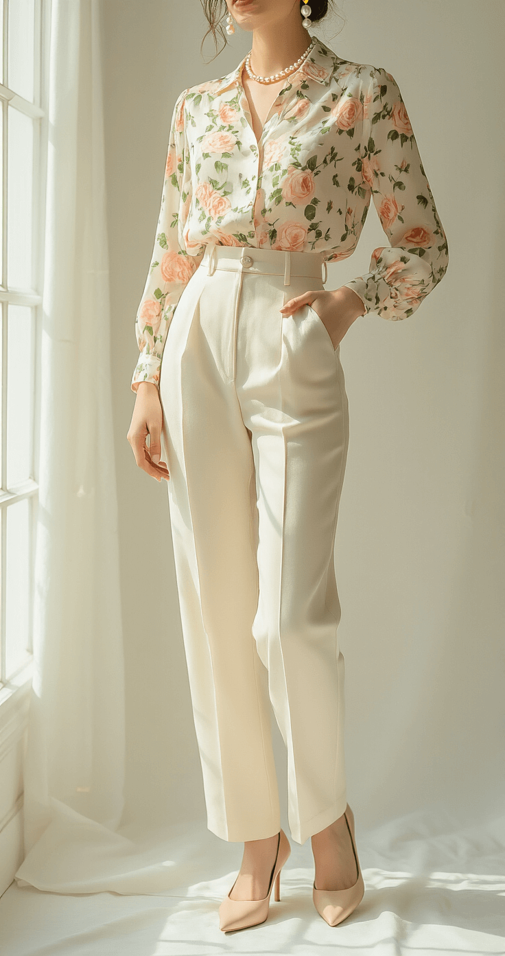 Rock Your Floral Style: A Fresh Take on Dress to Impress Fashion Close-up of a silk blouse with a vintage rose print in pastel pink and sage green, tucked into high-waisted cream trousers, styled with pearl drop earrings, a gold chain necklace, and nude pointed pumps, set in a bright studio with soft morning light.