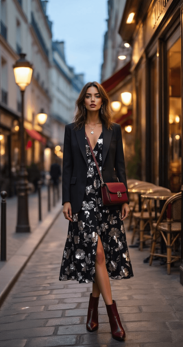 Rock Your Floral Style: A Fresh Take on Dress to Impress Fashion A stylish model in a black floral midi dress and charcoal blazer stands at a chic Parisian café at dusk, accompanied by burgundy ankle boots and a matching crossbody bag, with warm café lights illuminating the scene.