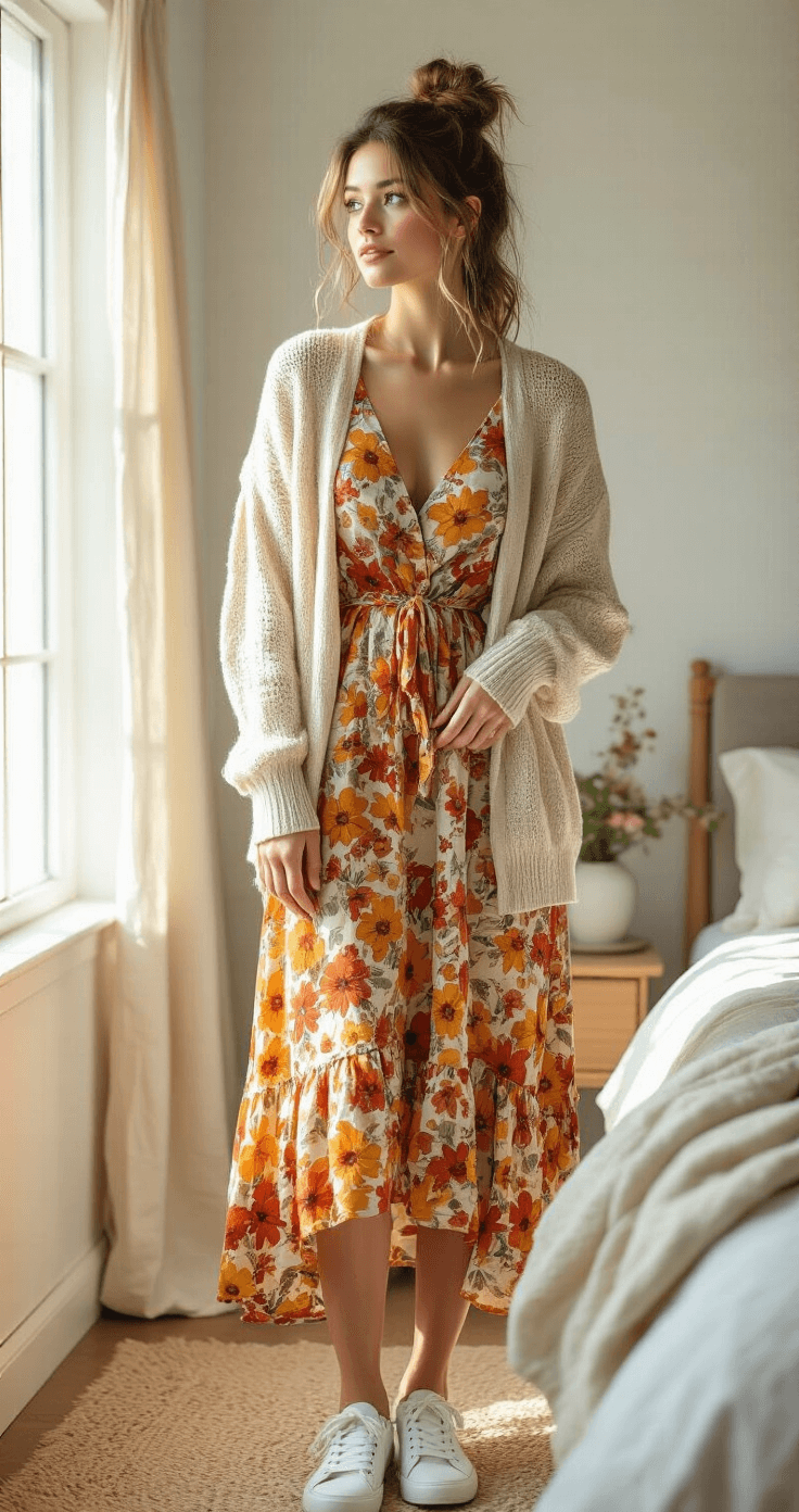 Rock Your Floral Style: A Fresh Take on Dress to Impress Fashion Cozy sunlit bedroom featuring modern minimalist décor, with a model dressed in a soft knit cardigan over a bold floral sundress in autumn tones, casual white sneakers, and a messy top knot, illuminated by natural window light.