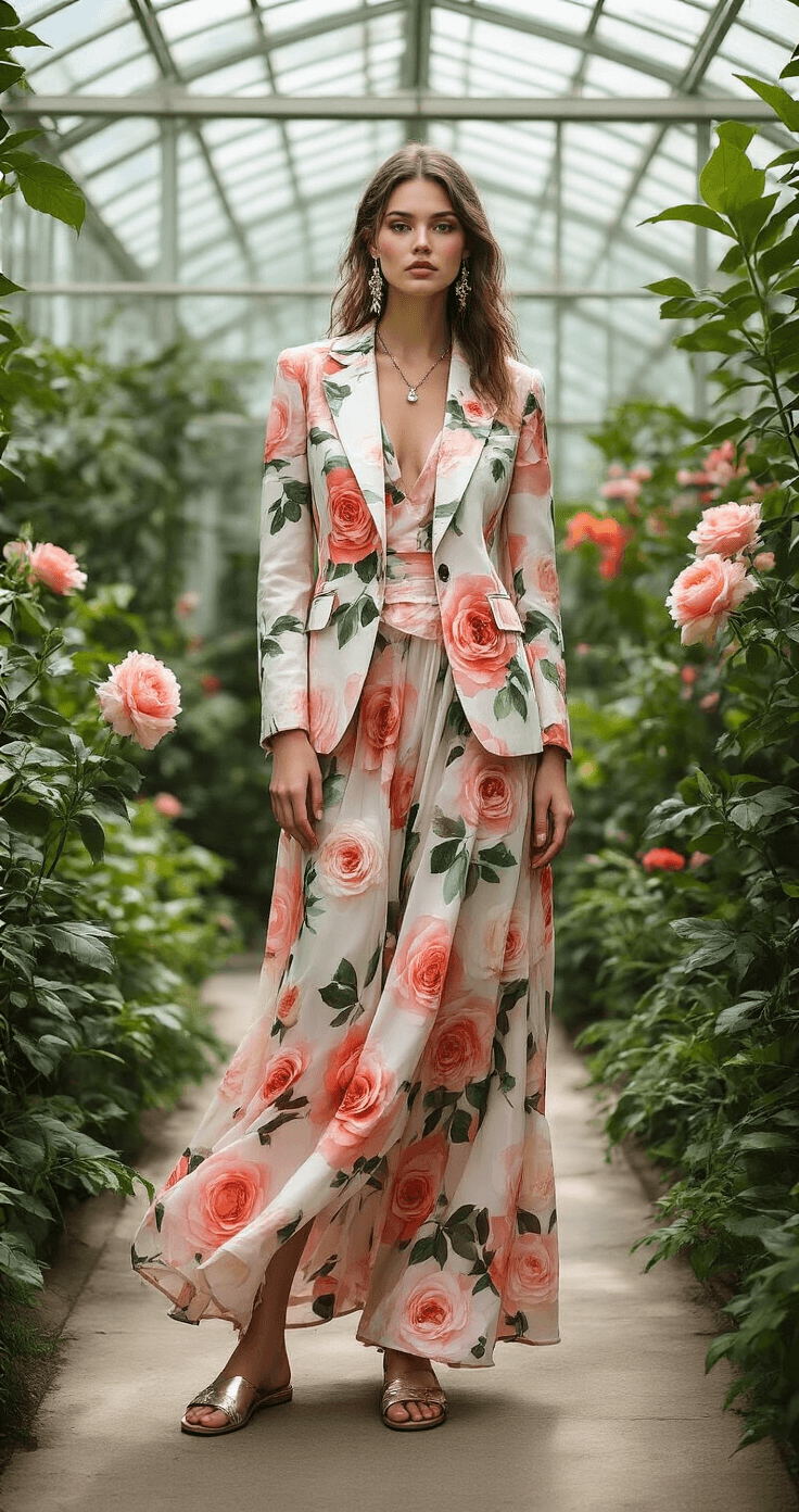 Rock Your Floral Style: A Fresh Take on Dress to Impress Fashion A model in a fitted micro-floral blazer and a flowing maxi skirt adorned with large coral and blush garden roses, accessorized with metallic sandals and floral-inspired jewelry, poses in a modern botanical greenhouse under diffused midday light.