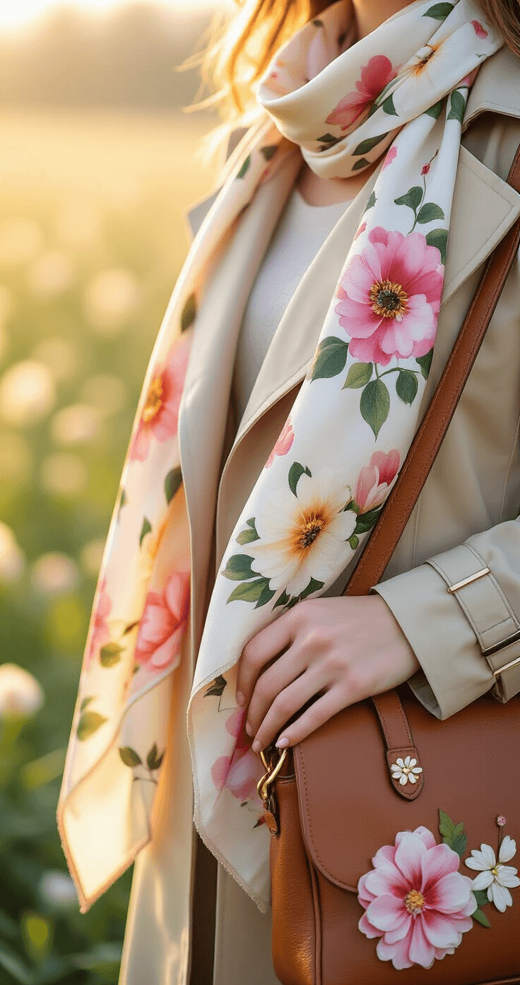 Rock Your Floral Style: A Fresh Take on Dress to Impress Fashion Close-up of a silk scarf with a painterly flower print draped over a classic trench coat, accompanied by a leather handbag with floral appliqués, illuminated by soft golden light and surrounded by morning mist in a fresh spring garden setting at sunrise.