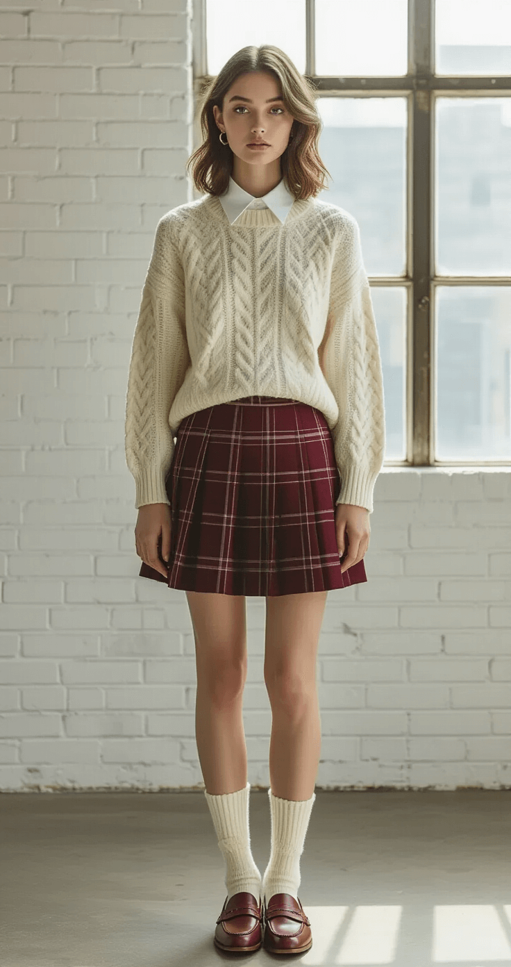Model in a burgundy plaid pleated skirt and cream cable-knit sweater styled over a white collar, wearing penny loafers with cream knit socks and carrying a leather crossbody bag, standing in a bright fashion studio with white brick walls and industrial windows, illuminated by natural light.