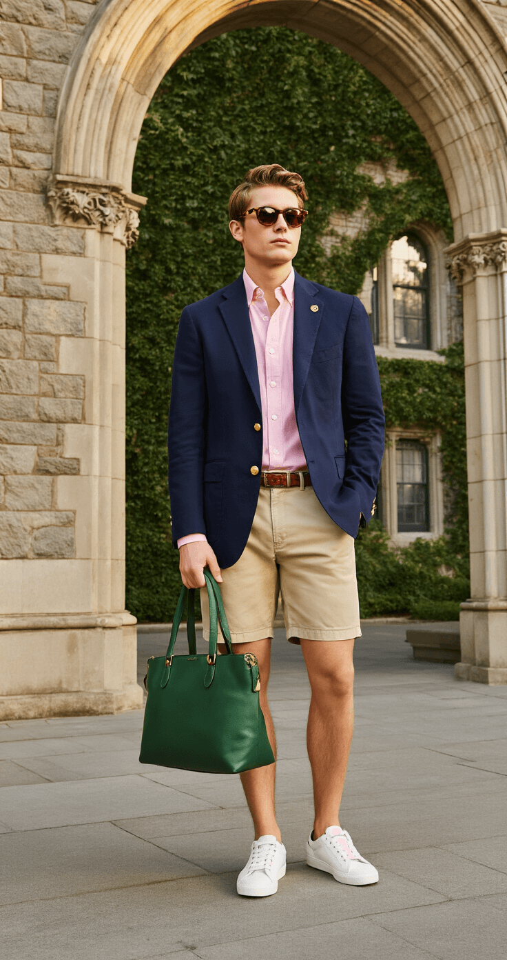A student dressed in a navy blazer with gold buttons, pink oxford shirt, and khaki chino shorts stands under stone archways of a prestigious university campus, ivy-covered walls in the background. They wear white tennis shoes, a leather belt, and tortoiseshell sunglasses, while holding a green leather top-handle bag. The image, captured from a slight low angle during golden hour, highlights the warm glow on the fabric textures and architectural elements.