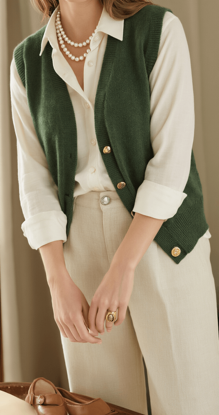 Close-up detail of a dressing room in the Hamptons featuring a forest green cashmere sweater vest over a white button-down, adorned with a pearl necklace. A gold signet ring is visible as the subject adjusts mother-of-pearl buttons, with cream linen pants and brown leather ballet flats softly blurred in the background. The scene is illuminated by diffused afternoon light, emphasizing the rich textures of the fabrics and accessories.