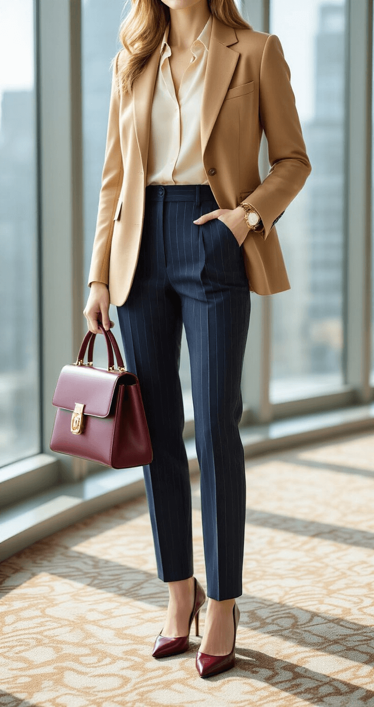 A professional woman stands confidently in a bright corner office, wearing a camel hair blazer, cream silk blouse, and navy pinstripe trousers. Sunlight streams through floor-to-ceiling windows, highlighting her burgundy leather pumps and structured top-handle bag. A vintage Cartier watch adorns her wrist as she poses powerfully on a geometric carpet that adds subtle texture to the scene.