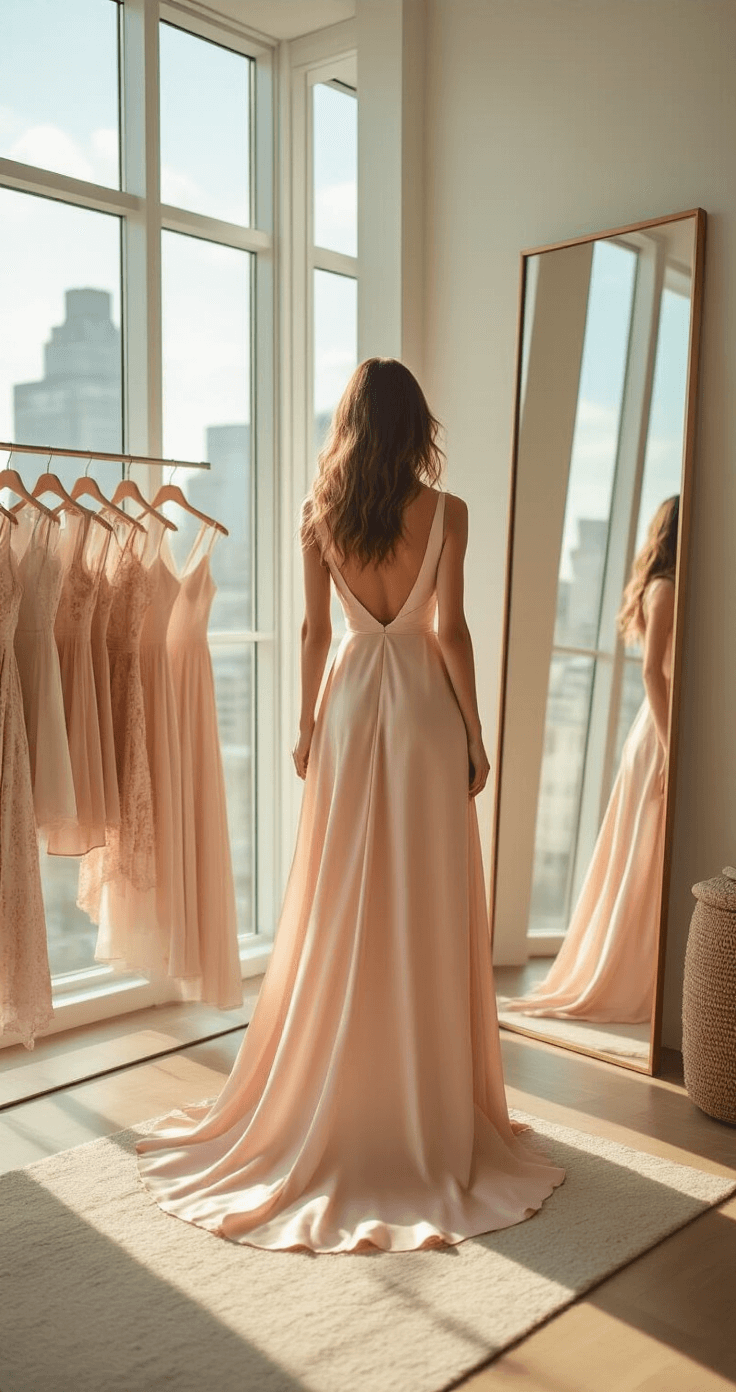 A fashion influencer in a silk blush pink midi dress stands in a sunlit Manhattan loft with floor-to-ceiling windows, admiring her reflection in a full-length mirror. The dress flows gracefully as she turns, complemented by a curated rack of coordinating fashion pieces nearby, with soft bokeh enhancing the airy sophistication of the space.