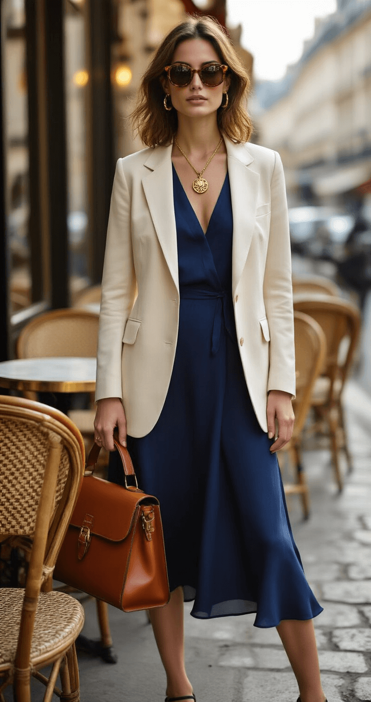 Fashion editor in navy silk midi dress and cream blazer at a chic Parisian café terrace, morning light illuminating a gold pendant necklace and tortoiseshell sunglasses, with a cognac brown leather satchel beside a vintage bistro chair.