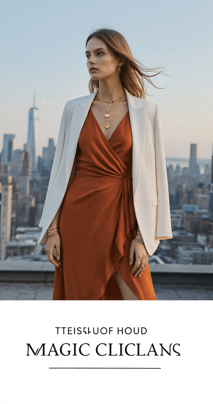 A model wearing a rust-colored wrap dress and layered gold necklaces stands on a rooftop garden at magic hour, with a city skyline in the background. A structured white blazer drapes over her shoulders as the wind gently moves her dress, embodying urban elegance.