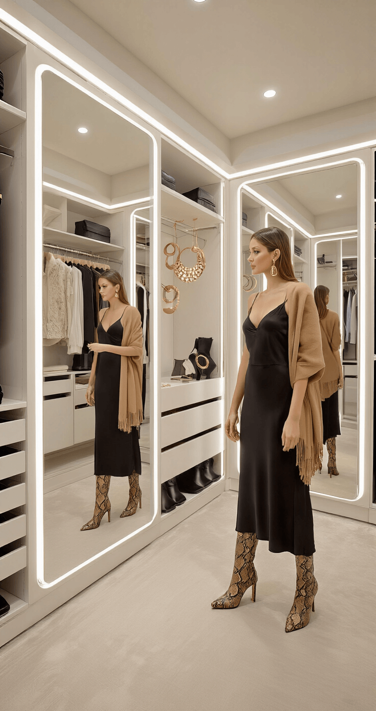 A contemporary walk-in closet featuring custom LED lighting, with a fashion consultant assembling an outfit that includes a black slip dress as the base, surrounded by a camel cashmere wrap, python print boots, and architectural gold jewelry. Multiple mirrors reflect the styling from different angles, highlighting a luxe organization system and thoughtful arrangement.