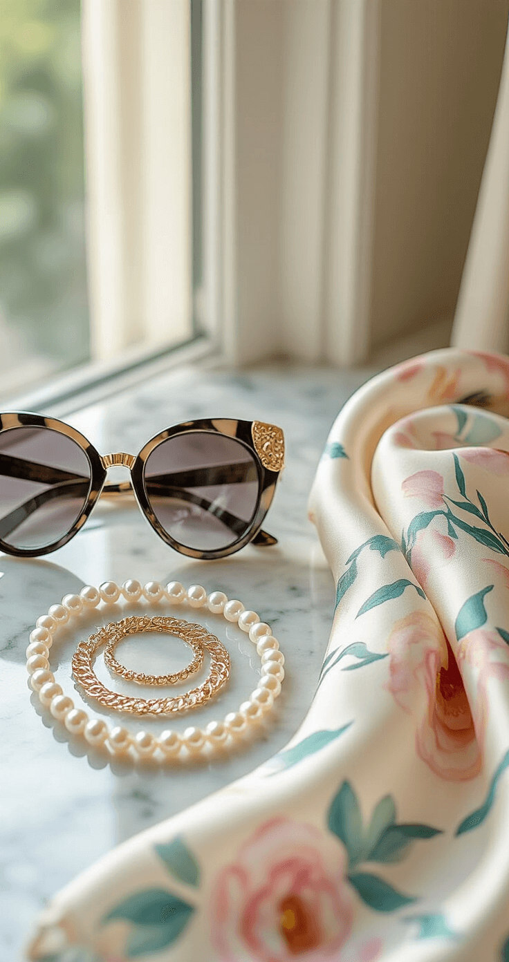 Close-up of a marble vanity in a boutique hotel dressing area, showcasing pearl drop earrings, cat-eye sunglasses with gold frames, layered delicate necklaces, and a silk watercolor scarf, with soft natural light casting gentle shadows.