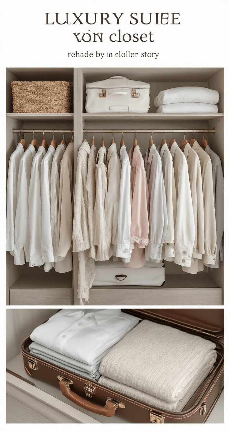 A beautifully styled walk-in closet bathed in morning light, showcasing neatly rolled clothes arranged by color in whites, neutrals, and soft pastels. An open designer luggage reveals meticulously packed outfits, with close-up details highlighting fabric textures and intelligent folding techniques, captured in a documentary style with a 35mm lens.