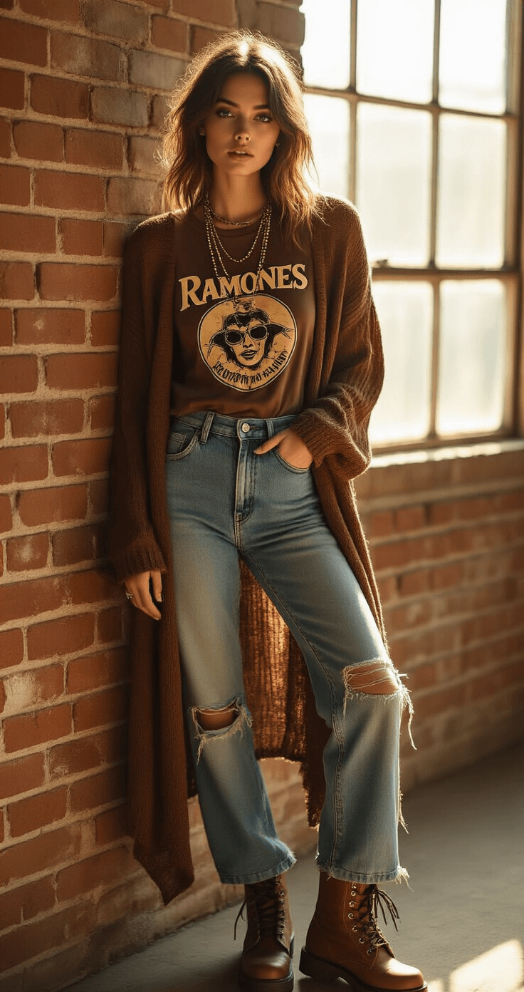A model poses in a sunlit vintage boutique, wearing a layered outfit with a Ramones t-shirt, sheer mesh long sleeve, high-waisted distressed mom jeans, and an oversized brown cardigan. She accessorizes with combat boots and beaded necklaces, against an exposed brick wall illuminated by golden hour light streaming through industrial windows, highlighting rich textures and warm shadows.