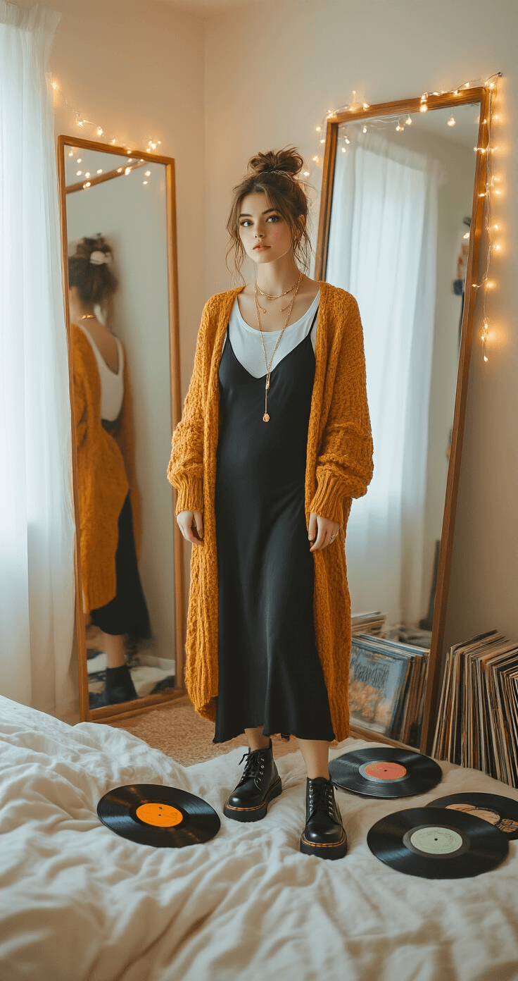 A cozy bedroom corner bathed in soft afternoon light features string lights and a full-length mirror, alongside scattered vinyl records. A model showcases a black slip dress layered over a white graphic tee, complemented by a chunky knit mustard cardigan and Doc Martens. Delicate gold necklaces adorn her neck, and her hair is styled with a vintage scrunchie. The wide angle shot captures the styled room context, highlighting fashion layering techniques.