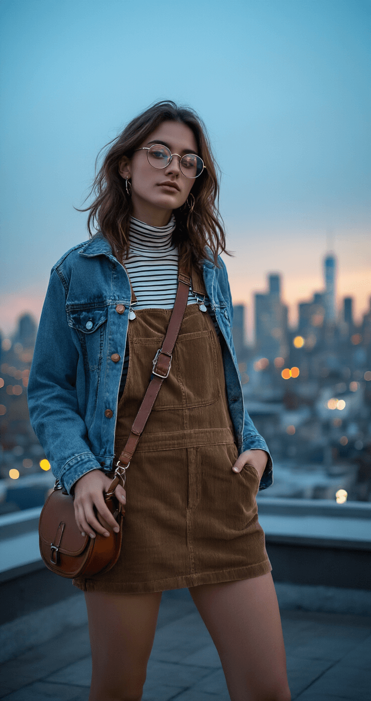 A model dressed in an earth-tone corduroy overall dress layered over a striped turtleneck and vintage denim jacket stands on an urban rooftop at dusk, with twinkling city lights in the background. She accessorizes with a leather crossbody bag, mixed metal jewelry, and round wire-frame glasses, portrayed from a slightly below angle that highlights the skyline, embodying indie street style amid cool evening tones and subtle artificial lighting.