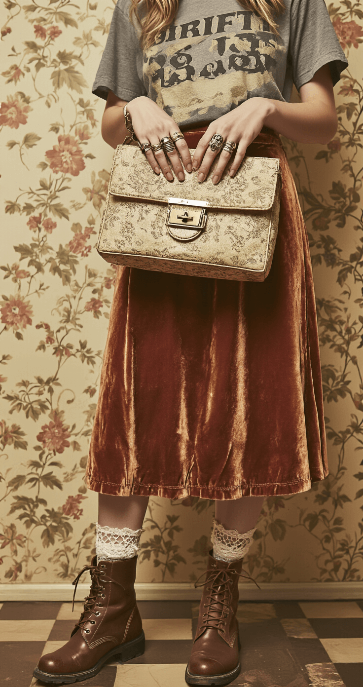 Close-up of a vintage-inspired outfit in a thrift store dressing room: a velvet midi skirt, distressed band tee, lace-trimmed socks above worn leather boots, and multiple rings. A vintage handbag is held in one hand, with warm lighting highlighting the textures and details.