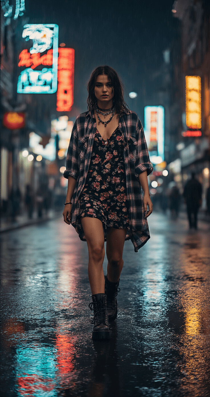A model walking candidly down a rain-slicked city street at night, wearing an oversized flannel shirt tied at the waist over a vintage floral dress, chunky combat boots, and beaded choker necklaces, with neon signs reflecting in puddles around her, captured with slight motion blur in a moody urban grunge aesthetic.