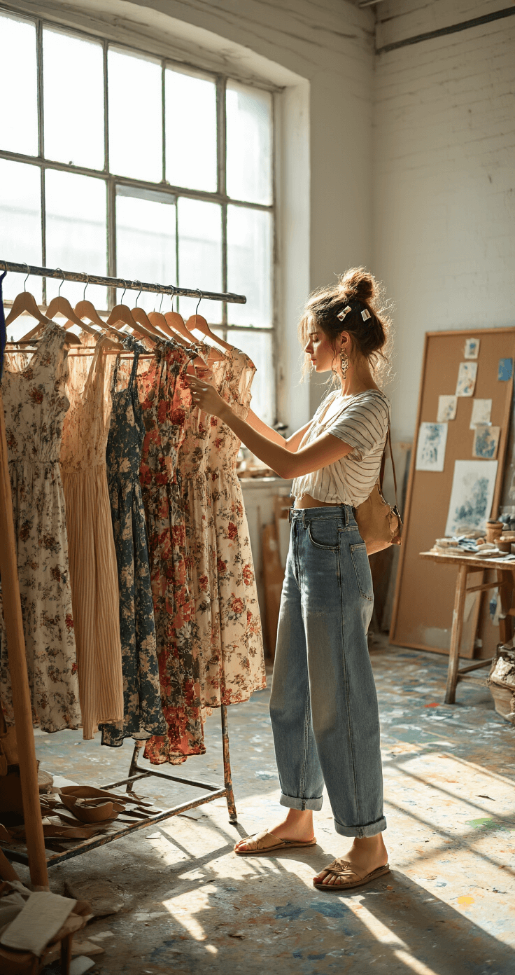 A sunlit artist's loft with a paint-splattered floor and scattered inspiration boards, featuring a model in baggy vintage Levi's and a cropped band tee, arranging a clothes rack of floral midi dresses, striped tops, and earth-tone knits while surrounded by natural light streaming through industrial windows.