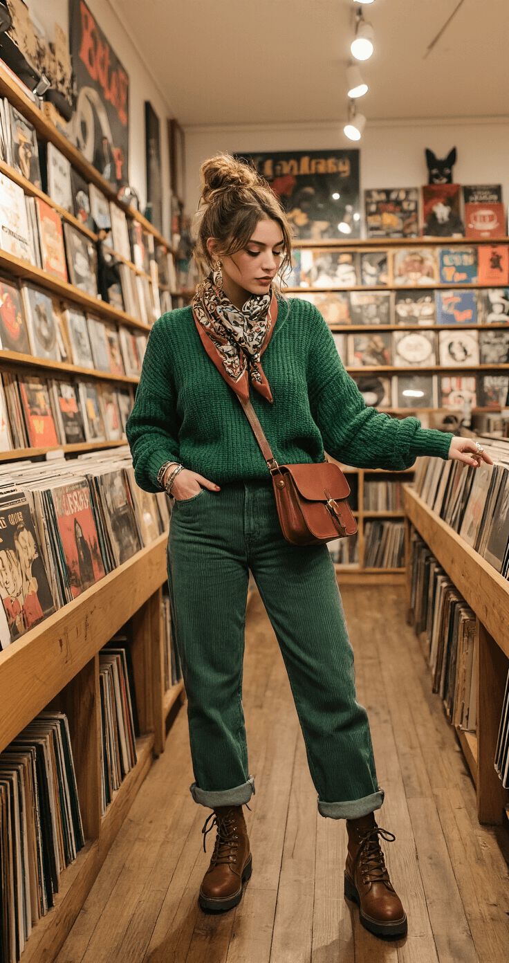 A stylish individual browsing vinyl records in an indie record store, dressed in a forest green oversized knit sweater, high-waisted corduroys, and chunky boots. Their hair is in a messy bun adorned with a printed scarf, and they carry a vintage leather crossbody bag. The interior features vinyl-lined walls and atmospheric lighting with spotlights, reflecting an authentic indie culture moment.